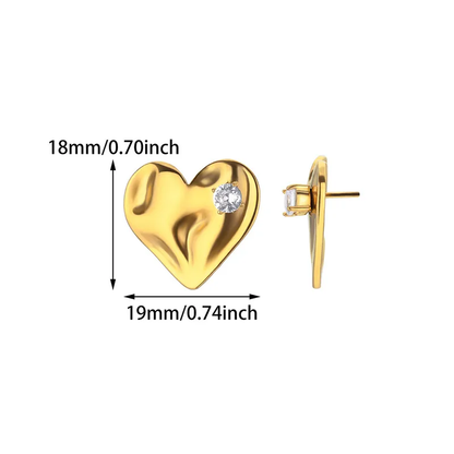 Abstract Heart CZ Stud Earrings, 18K Gold Plated, Stainless Steel