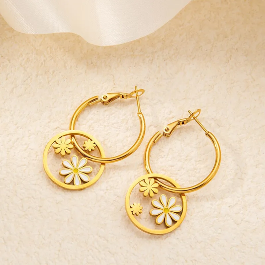 Daisy Hoop Earrings, 18K Gold Plated, Stainless Steel, Hypoallergenic