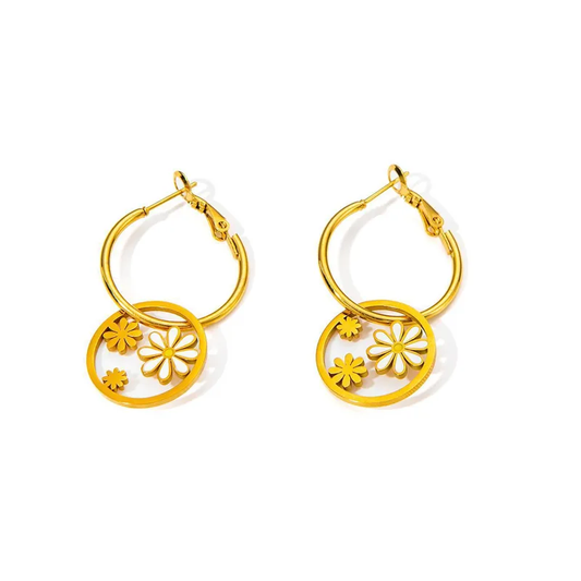 Daisy Hoop Earrings, 18K Gold Plated, Stainless Steel, Hypoallergenic