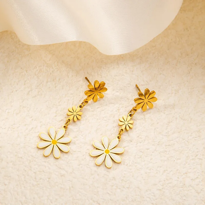 Daisy Dangling Earrings, 18K Gold Plated, Stainless Steel, Waterproof