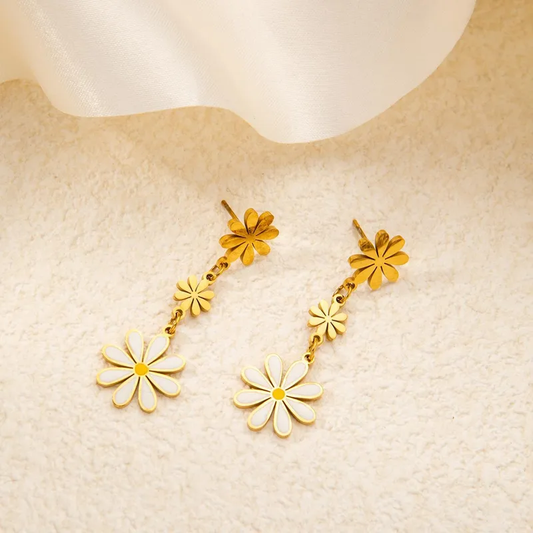 Daisy Dangling Earrings, 18K Gold Plated, Stainless Steel, Waterproof