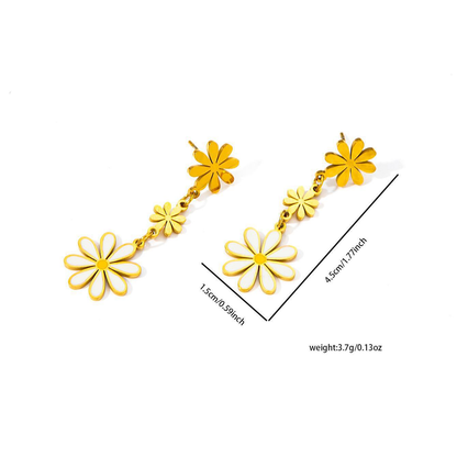 Daisy Dangling Earrings, 18K Gold Plated, Stainless Steel, Waterproof