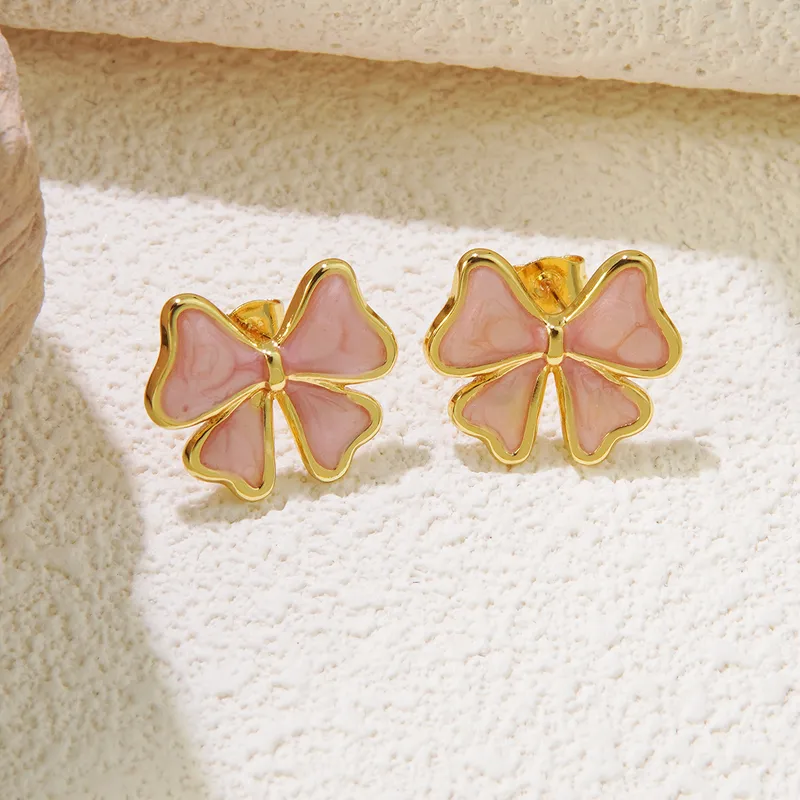 Pink and Gold Bow Enamel Stud Earrings, 18K Gold Plated,  Stainless Steel
