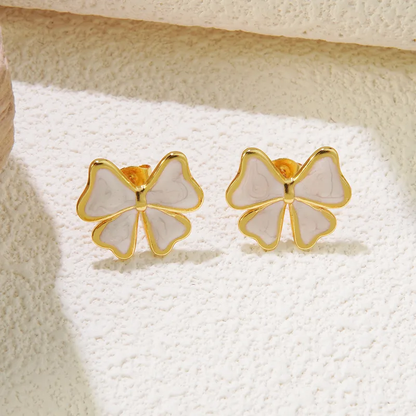 White and Gold Bow Enamel Stud Earrings, 18K Gold Plated,  Stainless Steel
