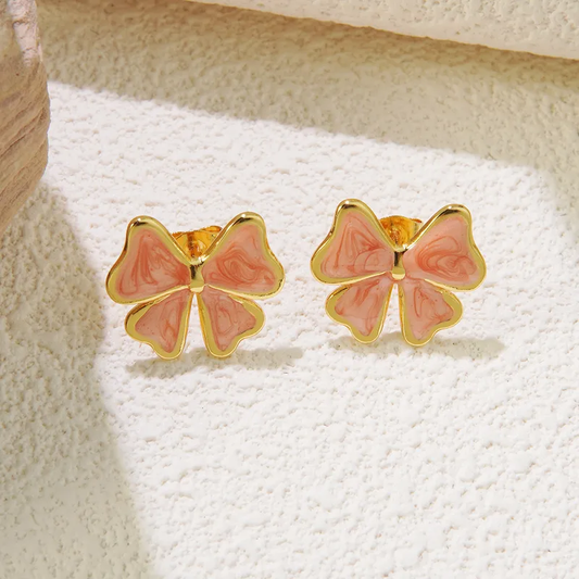 Coral and Gold Bow Enamel Stud Earrings, 18K Gold Plated, Stainless Steel