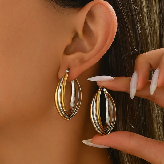 Oval Multi Layered Dual Tone Hoop Earrings, Hypoallergenic