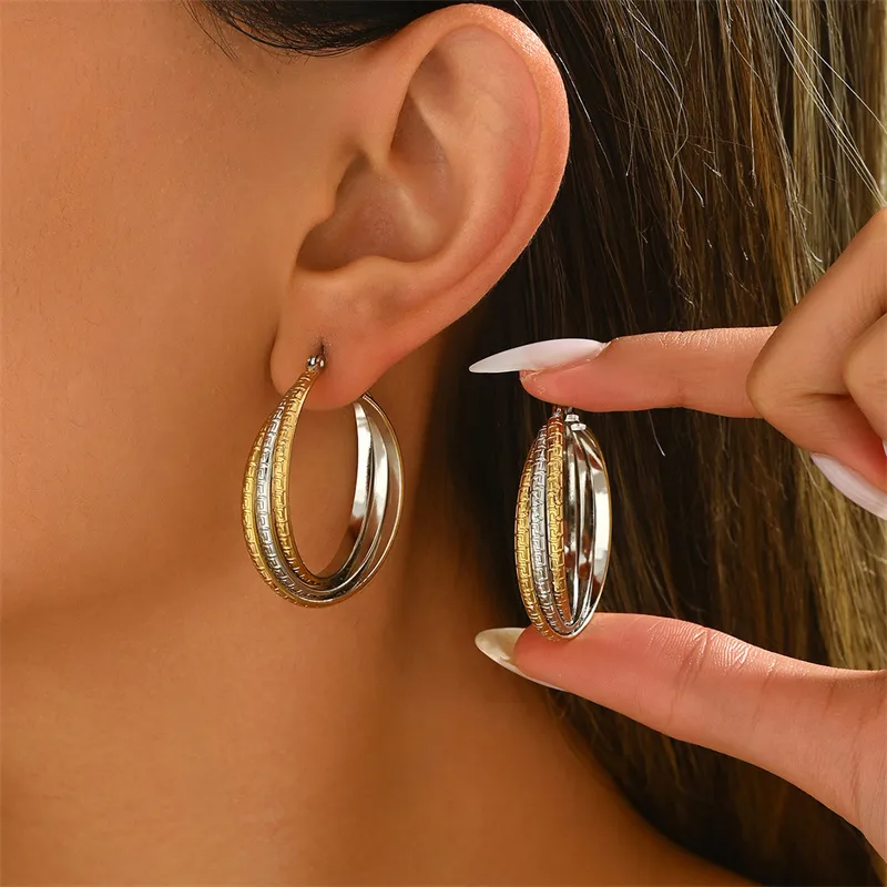 Multi Layered Dual Tone Hoop Earrings, Stainless Steel, Waterproof