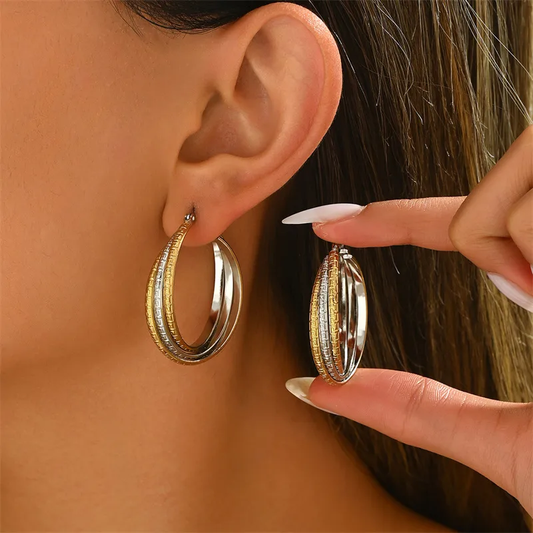 Multi Layered Dual Tone Hoop Earrings, Stainless Steel, Waterproof