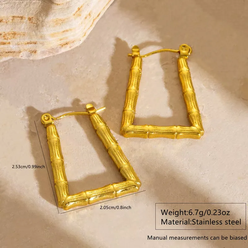Square Bamboo Hoop Earrings, Stainless Steel, Waterproof