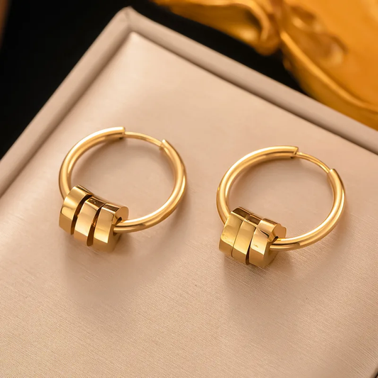 Three Heart Charm Hoop Earrings, 18K Gold Plated, Stainless Steel