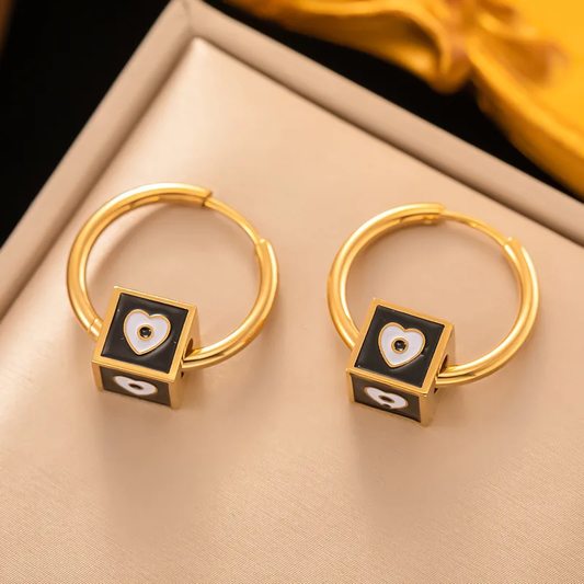 Box Heart Charm Hoop Earrings, 18K Gold Plated, Stainless Steel, Hypoallergenic