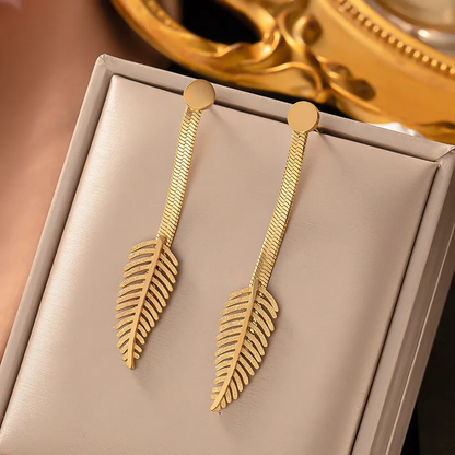 Dangling Feather Textured Earrings, 18K Gold Plated, Stainless Steel, Waterproof