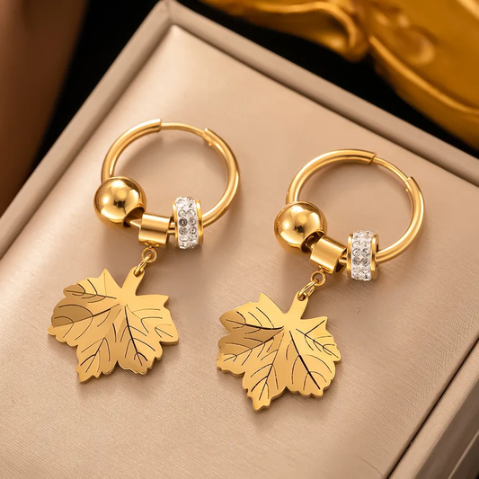 Engraved Leaf and Zircon Gold Statement Hoop Earrings, Stainless Steel, Tarnish Free