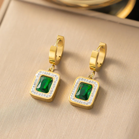 Emerald and Zircon Classic Rectangle Huggie Hoop Earrings, 18K Gold Plated, Stainless Steel
