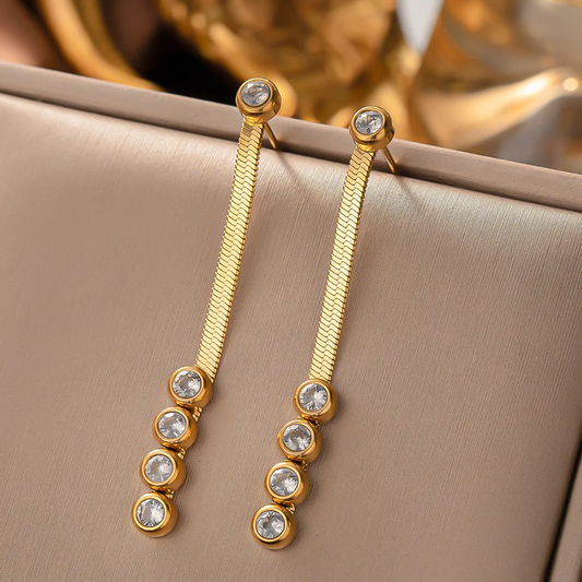 Snake Chain Dangling Zircon Earrings, 18K Gold Plated, Stainless Steel