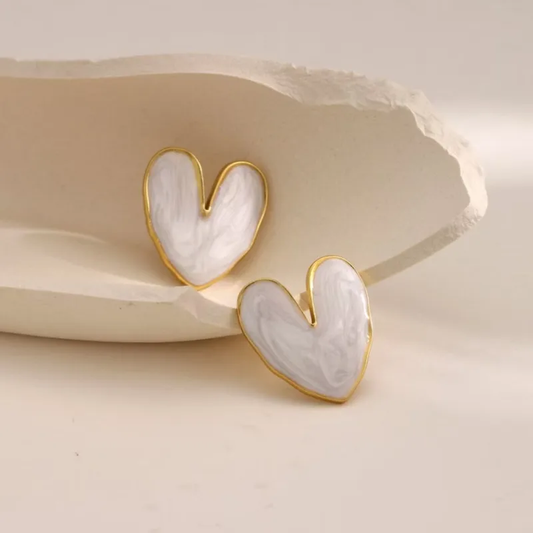 Gold and White Abstract Heart Enamel Stud Earrings, 18K Gold Plated, Stainless Steel