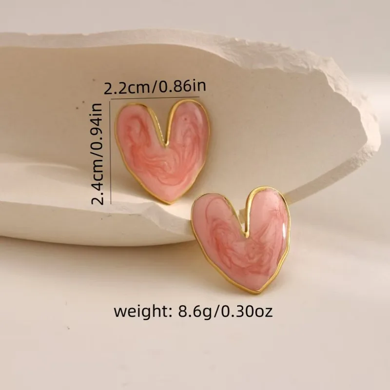 Coral Enamel Abstract Heart Stud Earrings, 18K Gold Plated