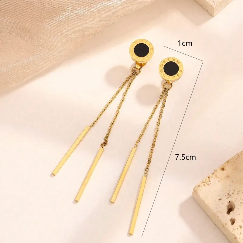 Roman Numeral Black Gold Long Tassle Earrings, Stainless Steel
