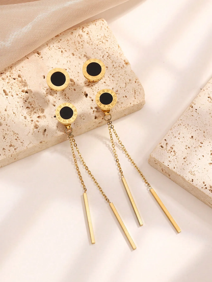 Roman Numeral Black Gold Long Tassle Earrings, Stainless Steel