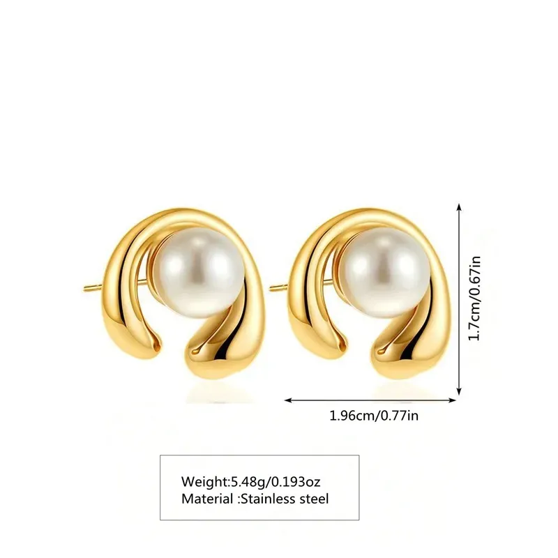 C-Shape Pearl and Gold Plated Stud Earrings, Stainless Steel, Tarnish Free
