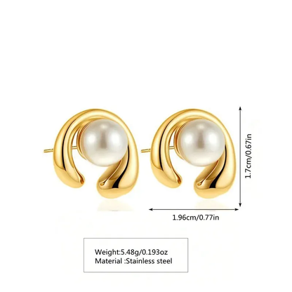 C-Shape Pearl and Gold Plated Stud Earrings, Stainless Steel, Tarnish Free