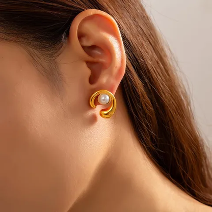 C-Shape Pearl and Gold Plated Stud Earrings, Stainless Steel, Tarnish Free