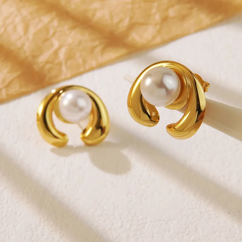 C-Shape Pearl and Gold Plated Stud Earrings, Stainless Steel, Tarnish Free