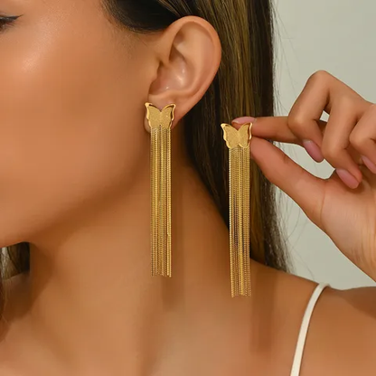 Butterfly Long Chain Tassle Earrings, 18K Gold Plated Statement Earrings, Stainless Steel