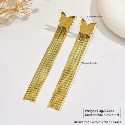 Butterfly Long Chain Tassle Earrings, 18K Gold Plated Statement Earrings, Stainless Steel