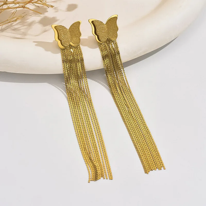 Butterfly Long Chain Tassle Earrings, 18K Gold Plated Statement Earrings, Stainless Steel