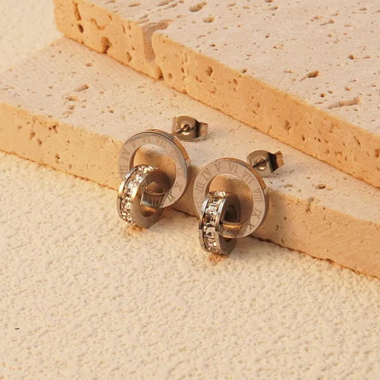 Large Silver Plated Interlocking Circle Roman Numeral Zircon Stud Earrings