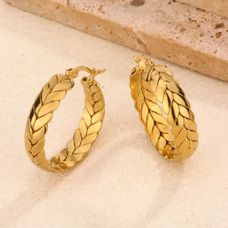 Braided Hoop Earrings, 18K Gold Plated Stainless Steel, Waterproof