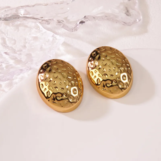 Oval Textured Gold Plated Earrings, Stainless Steel