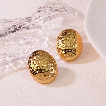 Oval Textured Gold Plated Earrings, Stainless Steel