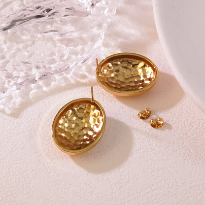 Oval Textured Gold Plated Earrings, Stainless Steel