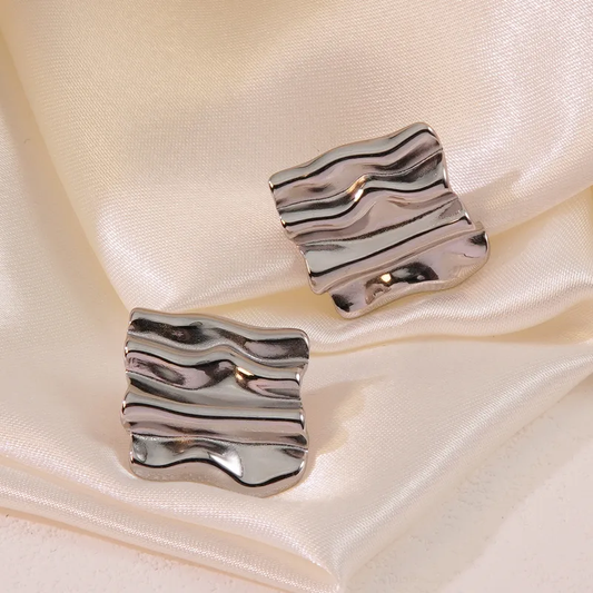 Silver Plated Wavy Square Stud Earrings, Stainless Steel, Hypoallergenic