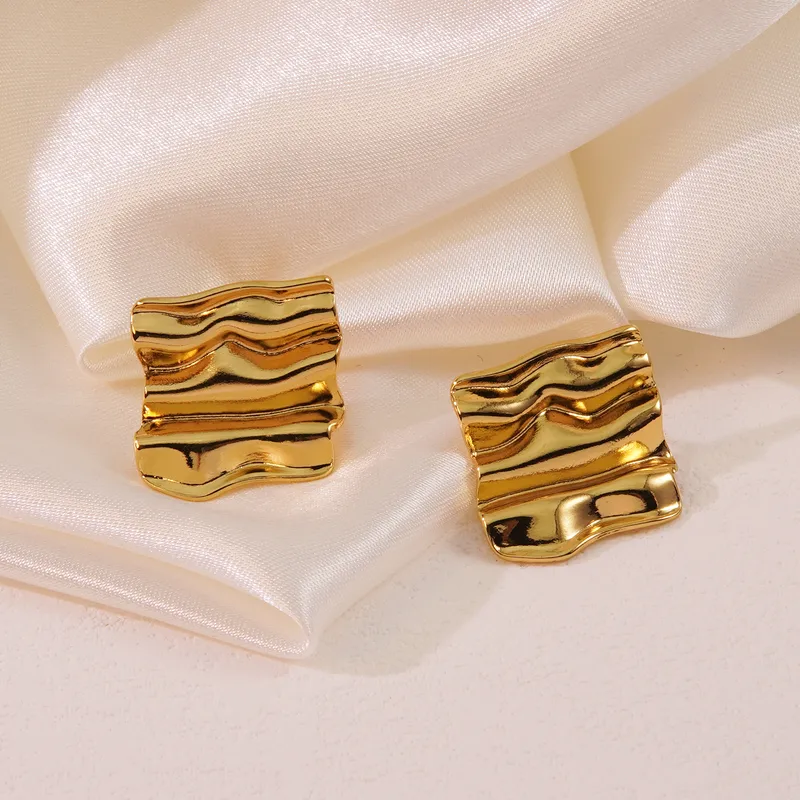 Wavy Square Stud Earrings, 18K Gold Plated, Stainless Steel, Waterproof