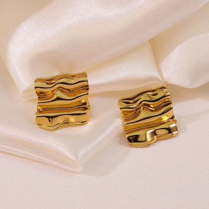 Wavy Square Stud Earrings, 18K Gold Plated, Stainless Steel, Waterproof