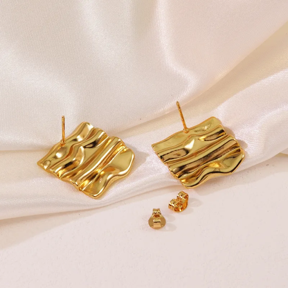 Wavy Square Stud Earrings, 18K Gold Plated, Stainless Steel, Waterproof