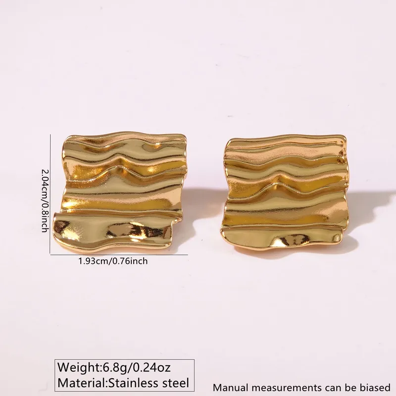 Wavy Square Stud Earrings, 18K Gold Plated, Stainless Steel, Waterproof