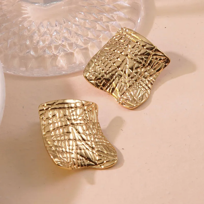 Textured Curved Gold Plated Stud Earrings, Tarnish Free, Stainless Steel