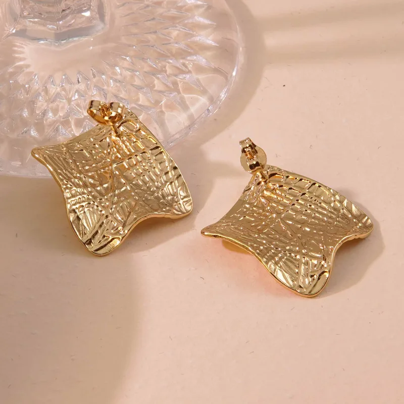 Textured Curved Gold Plated Stud Earrings, Tarnish Free, Stainless Steel