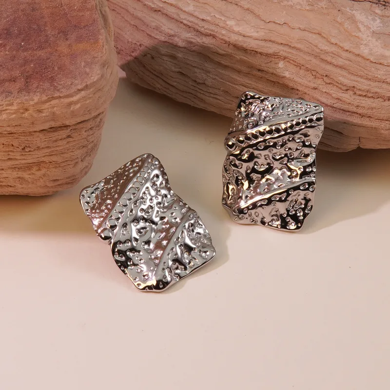 Textured Rectangle Stud Earrings, Silver Plated, Waterproof