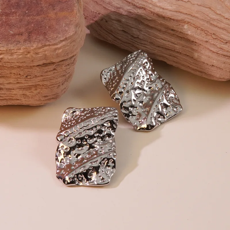 Textured Rectangle Stud Earrings, Silver Plated, Waterproof