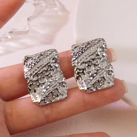 Textured Rectangle Stud Earrings, Silver Plated, Waterproof