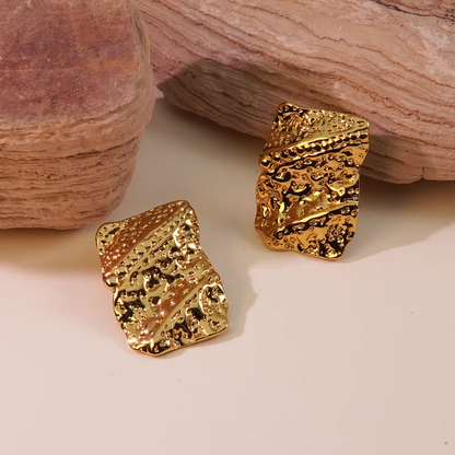 Textured Gold Plated Rectangle Stud Earrings, Stainless Steel, Waterproof