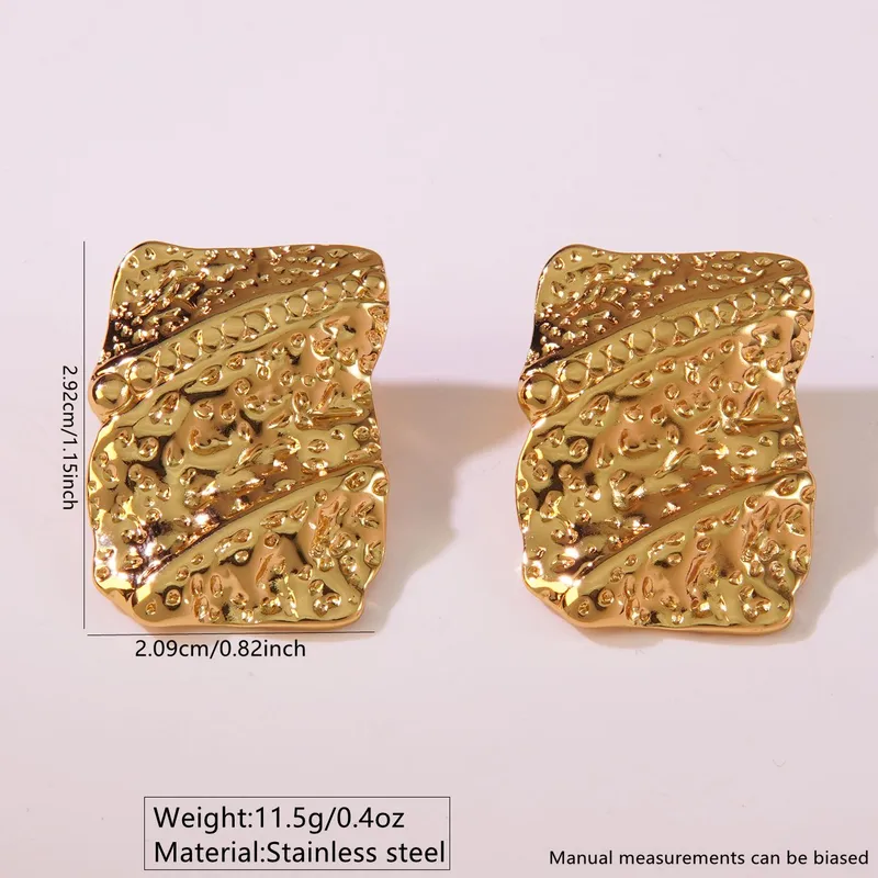 Textured Gold Plated Rectangle Stud Earrings, Stainless Steel, Waterproof