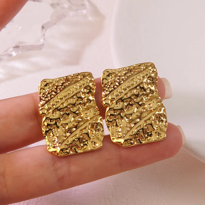 Textured Gold Plated Rectangle Stud Earrings, Stainless Steel, Waterproof
