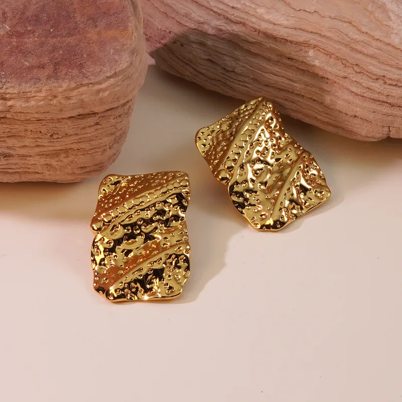 Textured Gold Plated Rectangle Stud Earrings, Stainless Steel, Waterproof
