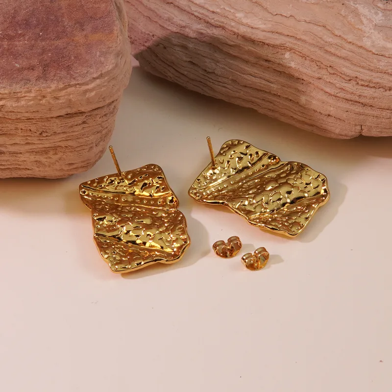 Textured Gold Plated Rectangle Stud Earrings, Stainless Steel, Waterproof